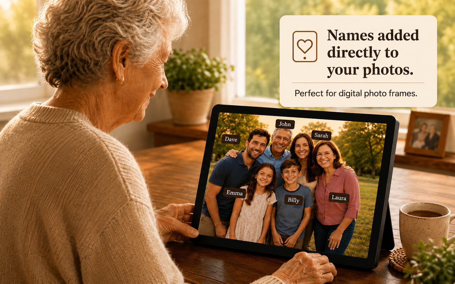 Woman looking at a digital photo frame showing family photos with name labels.